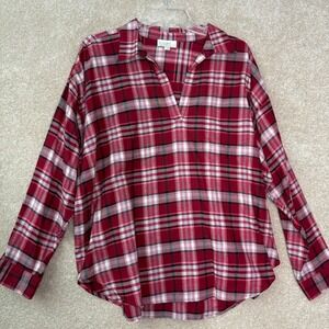 NWT LOFT Plaid Henley Blouse Women's Large Cotton Flannel Long Sleeve